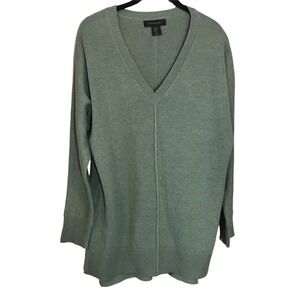 Tahari Womens V-Neck Tunic Sweater Loose fit Long Sleeve Knit Top Green XS